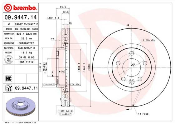 BREMBO Диск тормозной VOLKSWAGEN Multivan (T5) all models (4.03->) F (7H0 615 301 E, 09.9447.14)