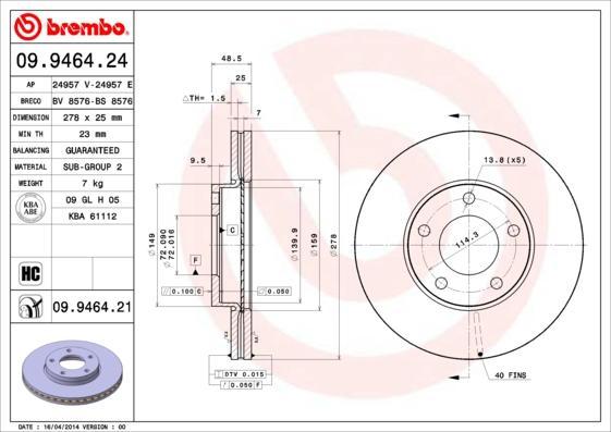 Brembo 09.9464.21 тормозной диск на MAZDA 3 (BL)