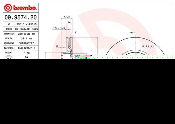 BREMBO Торм.диск пер.вент.[280x26] 4 отв.[min2] (09.9574.21)