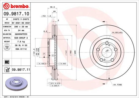 Brembo 09.9817.11 тормозной диск на TOYOTA AVENSIS (T25_)