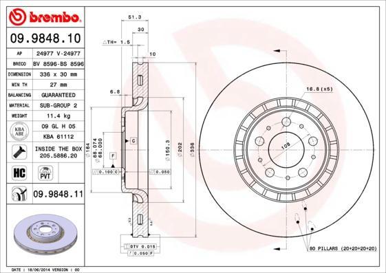 BREMBO Диск тормозной VOLVO XC90 02> R17 передний вент. D=336мм крашенные (вместо 09.9848.10) (30657301, 09.9848.11)