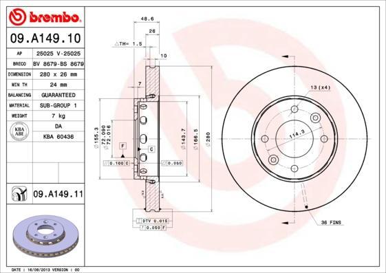 Brembo 09.A149.11 тормозной диск на KIA CARENS II (FJ)