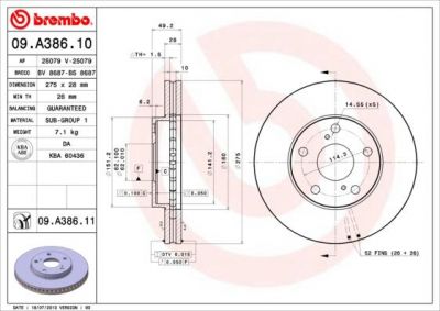 Brembo 09.A386.11 тормозной диск на TOYOTA PREVIA (MCR3_, ACR3_, CLR3_)