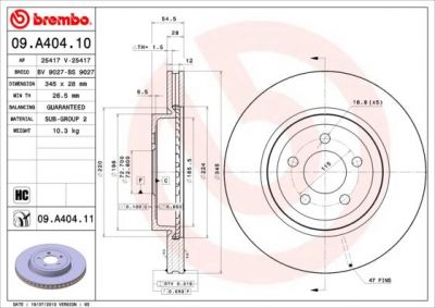 Brembo 09.A404.10 тормозной диск на CHRYSLER 300 C Touring (LX)