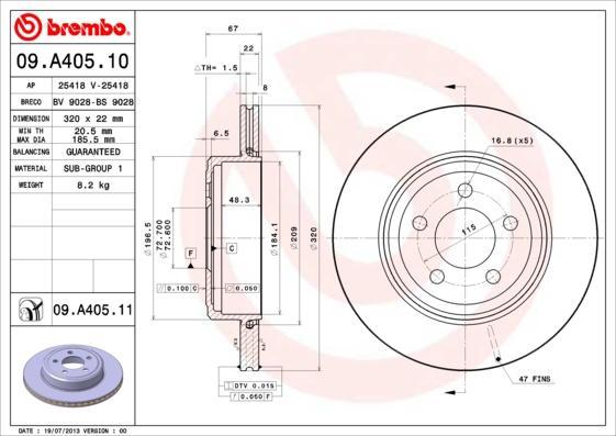 Brembo 09.A405.11 тормозной диск на CHRYSLER 300 C Touring (LX)
