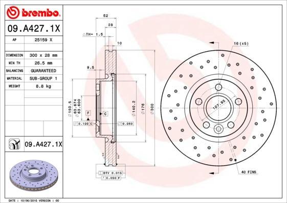 Brembo 09.A427.1X тормозной диск на VOLVO V70 III (BW)