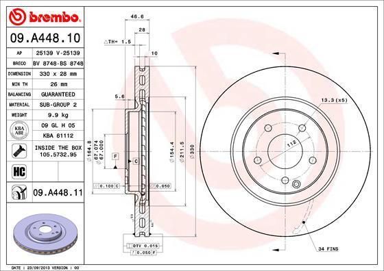 BREMBO Диск тормозной MERCEDES-BENZ C 320 CDI (W203) (05-2.07) F крашенные (вместо 09.A448.10) (2034210412, 09.A448.11)