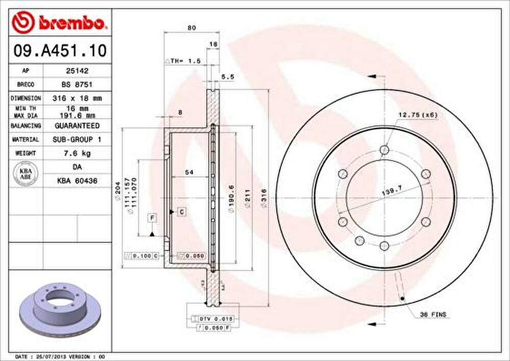 BREMBO Диск тормозной вент. задний NISSAN PATROL GR II (Y61) (06/97-) R (4320605J04, 09.A451.10)