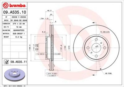 Brembo 09.A535.10 тормозной диск на TOYOTA YARIS (NHP13_, NSP13_, NCP13_, KSP13_, NLP13_)