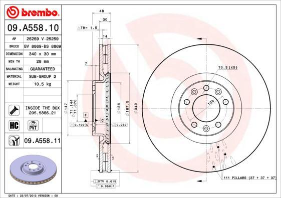 Brembo 09.A558.10 тормозной диск на PEUGEOT 508 SW