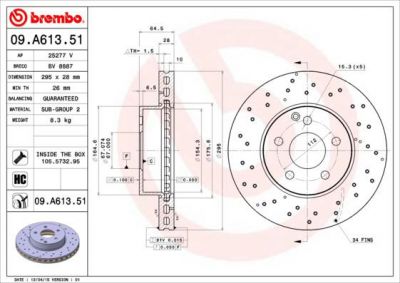 BREMBO Торм.диск пер.вент.[295x28] 5 отв.[min2] (09.A613.51)