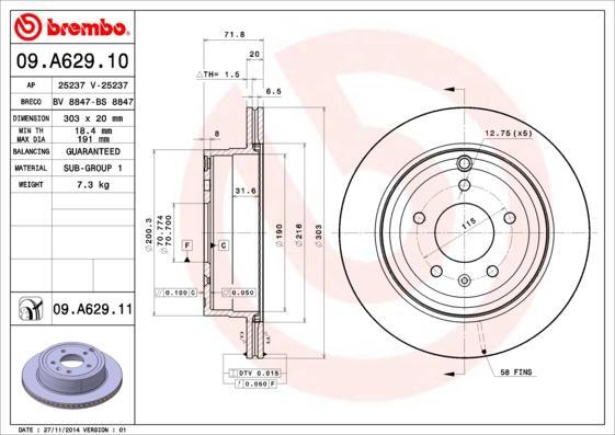 Brembo 09.A629.10 Диск тормозной CHEVROLET CAPTIVA/OPEL ANTARA 06- задний вент.D=303мм.