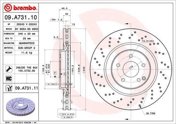Brembo 09.A731.10 тормозной диск на MERCEDES-BENZ C-CLASS купе (CL203)