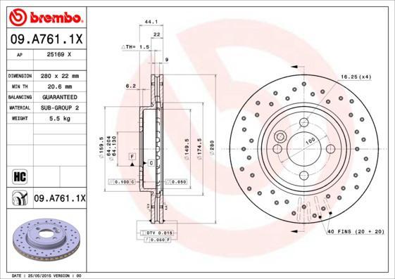 BREMBO Диск тормозной передн, MINI: MINI 06-, MINI CLUBMAN 07-, MINI кабрио 07- (09.A761.1X)