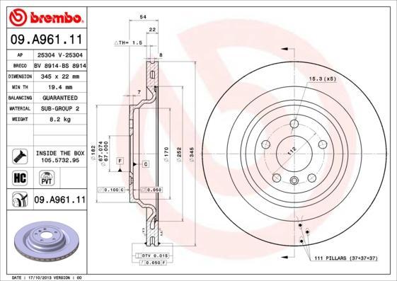 BREMBO Диск тормозной 09.A961.11 (09.A961.11)