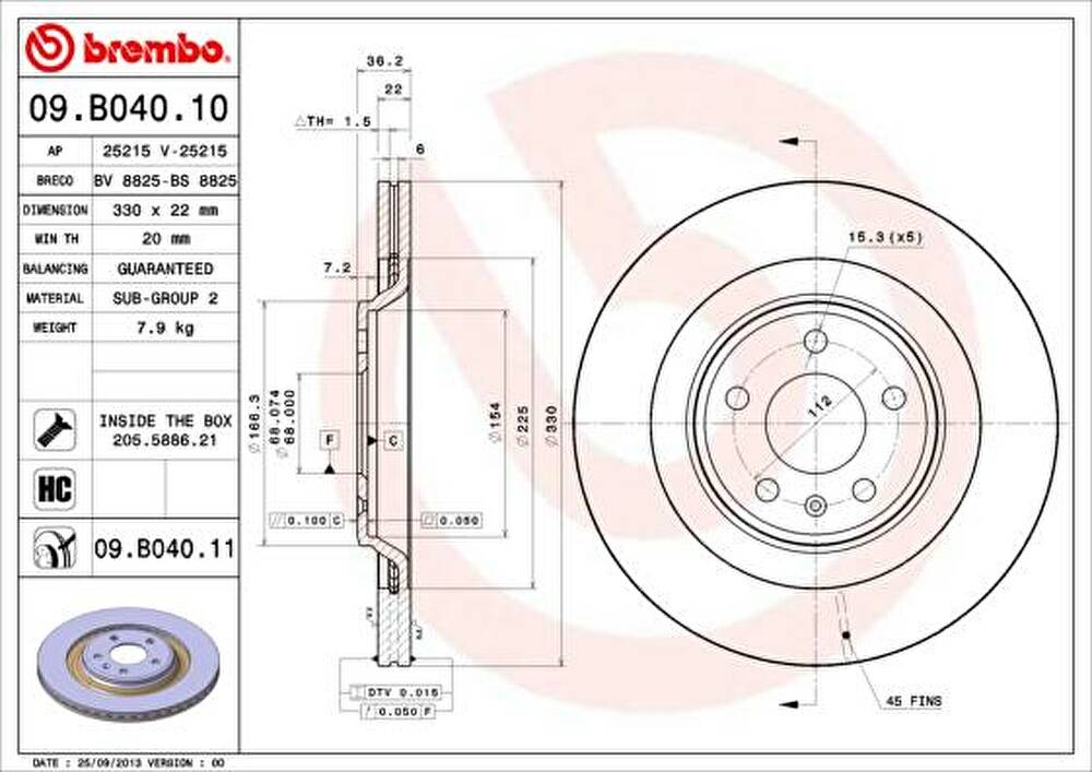 BREMBO Диск тормозной вент. задний AUDI Q5 (8R) ( 8.09->) R (8K0 615 601 C, 09.B040.11)