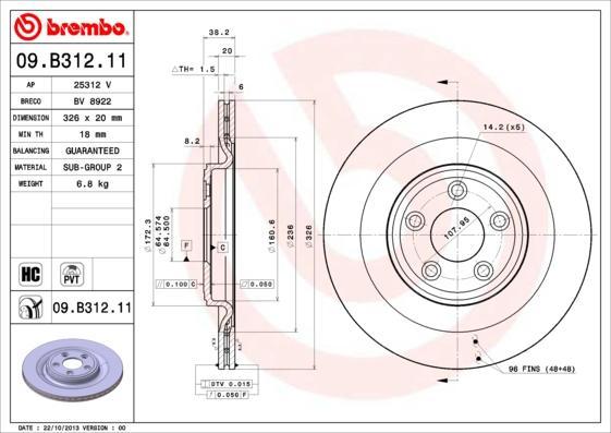 BREMBO 09.B312.11 диск тормозной задний! Jaguar XJ 8 3.2/4.0 97> (09.B312.11)