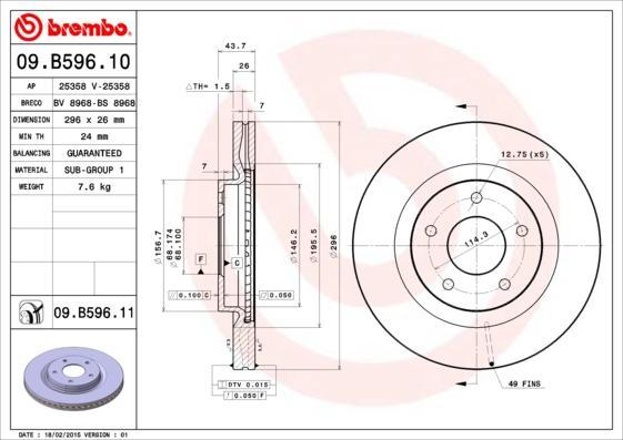Brembo 09.B596.11 тормозной диск на NISSAN TIIDA Наклонная задняя часть (C13)
