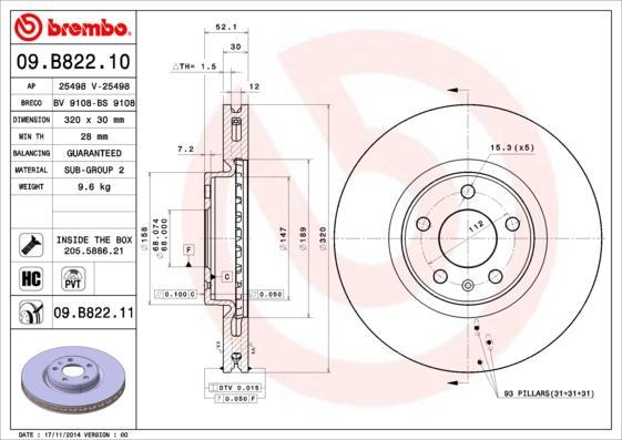 Brembo 09.B822.11 тормозной диск на AUDI Q5 (8R)