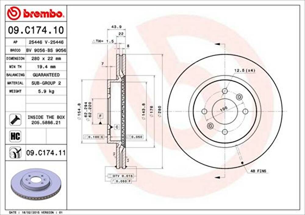 Brembo 09.C174.10 тормозной диск на KIA RIO III седан (UB)