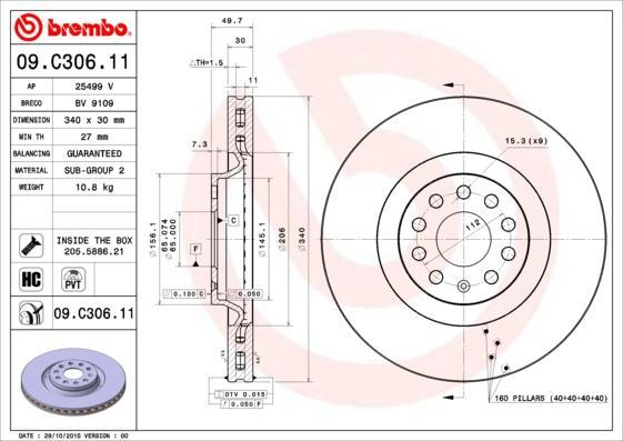 Brembo 09.C306.11 тормозной диск на VW PASSAT CC (357)