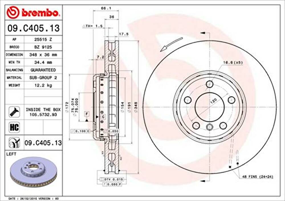 BREMBO Диск тормозной 5 F10/11/7 F01-04 передний левый вент. D=348мм. (09.C405.13)