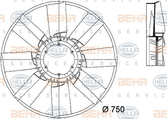 HELLA Крыльчатка гидромуфты 8 лопастей,ACTROS.O 750 mm OM 457 LA, OM 501/502 LA (8MV376733-261)