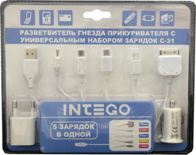 INTEGO Автозарядное устройство INTEGO С-31 , 2 USB, кабель Apple, Nokia, Samsung, HTC, Motorola (С31)