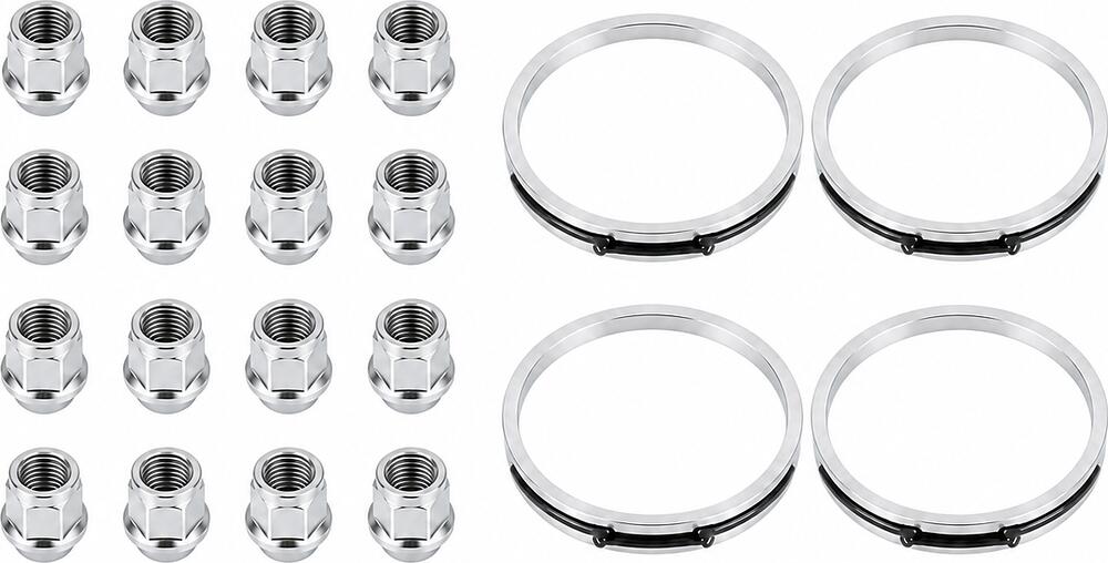 Монтажный комплект OZ Racing 81710050 для Ford и Mazda: 16 открытых гаек D27 M12x1,5, конус 60°, SW21, высота 21 мм, 4 кольца L 75/63,4 мм со стопорами