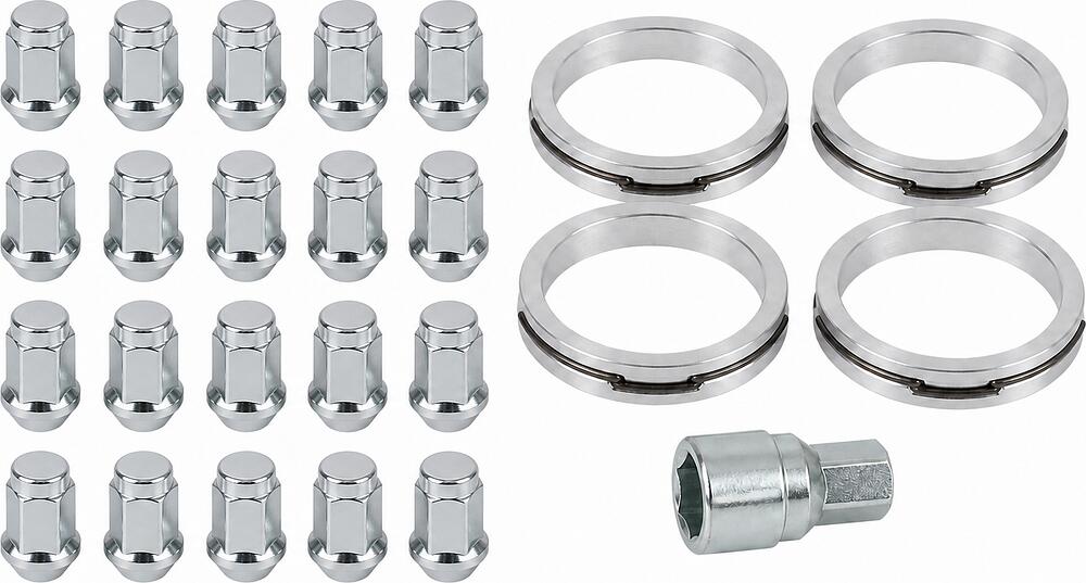 Монтажный комплект OZ Racing 81710385: 20 закрытых гаек D13 M14x1,5, конус 60°, SW19, высота 34 мм, 4 кольца XL 79/64,1 мм со стопорами и переходник 19–22 мм