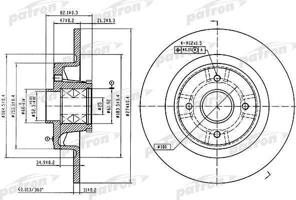 PATRON Диск тормозной задн c подшипником и кольцом ABS (1 шт) RENAULT: MEGANE Grandtour 99-, MEGANE Scenic 97-99, SCENIC 99-03 (PBD7010)