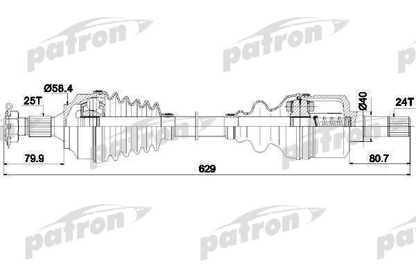 PATRON Полуось левая 25x629x58,4x24 CITROEN: BERLINGO 08-, C4 04- PEUGEOT: 307 00-, PARTNER 08- (PDS0147)
