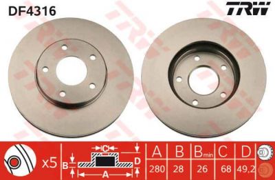 TRW DF4316 Диск тормозной передний NISSAN X-TRAIL MAXIMA QX PRIMERA P12 280x28mm (402064U107)