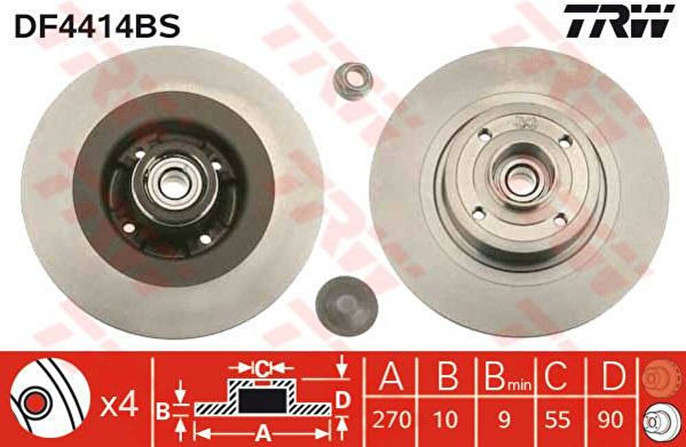 TRW DF4414BS Диск тормозной перед. RENAULT Grand Scenic II 1,4-2,0L 03-> (270X10mm)(с подшипником ступицы/с кольцом ABS) (7701207898)