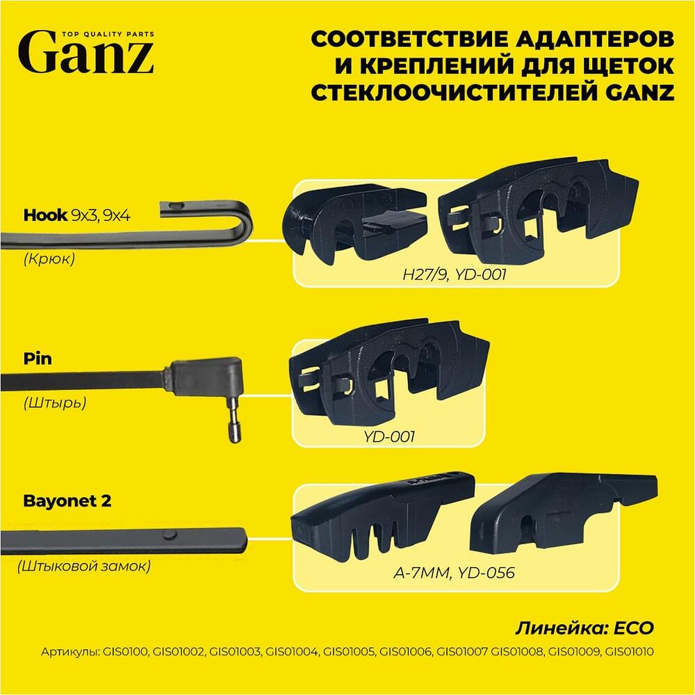 Ganz ECO GIS01002 каркасная щётка стеклоочистителя 350 мм (14″), 4 адаптера