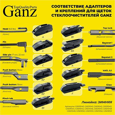 GANZ Winter GIS01042 Щетка стеклоочистителя зимняя 500 мм каркасная 1 шт (6 адаптеров)
