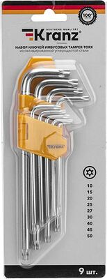 Kranz KR-12-5221 Набор ключей имбусовых Tamper-Torx KRANZ 9 шт., ТТ10-ТТ50, закаленные, удлиненные, никель