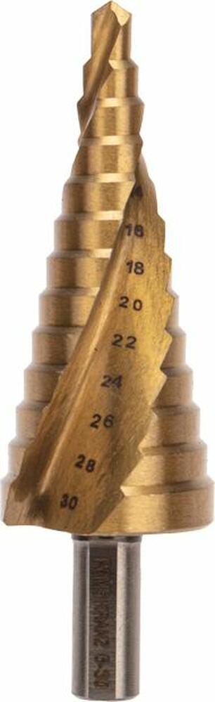 Kranz KR-12-6616 Сверло ступенчатое, 6-8-10-12-14-16-18-20-22-24-26-28-30мм, Р6М5, ТИТАН, трехгр.хвостовик KRANZ