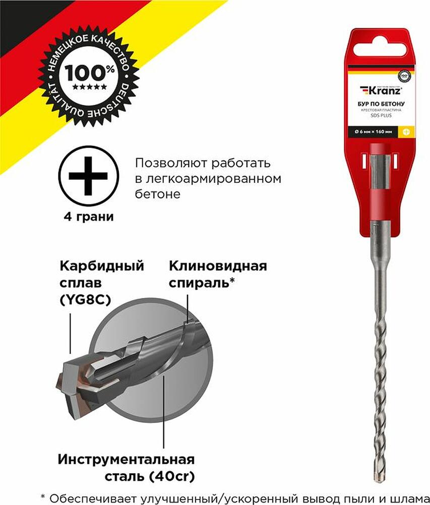 Kranz KR-91-0802 Бур по бетону 6x160x100мм, крестовая пластина, SDS PLUS KRANZ
