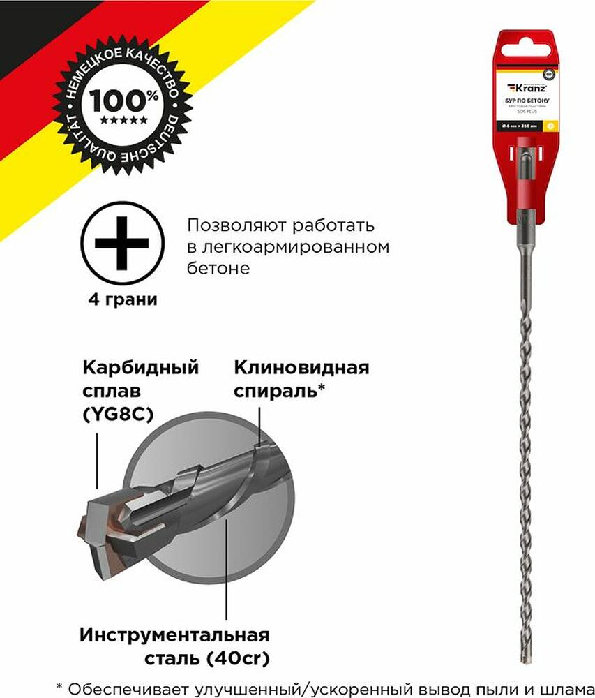 Kranz KR-91-0804 Бур по бетону 6x260x200мм, крестовая пластина, SDS PLUS KRANZ
