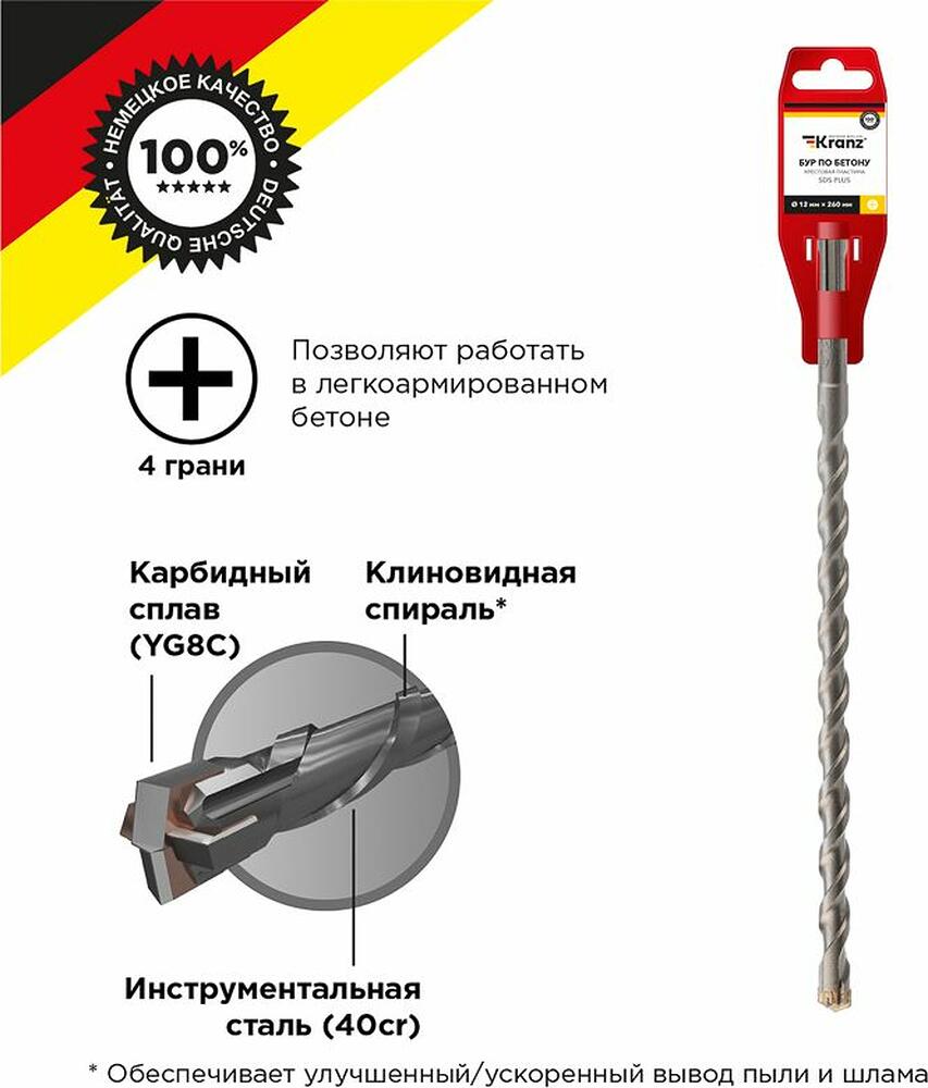 Kranz KR-91-0823 Бур по бетону 12x260x200мм, крестовая пластина, SDS PLUS KRANZ