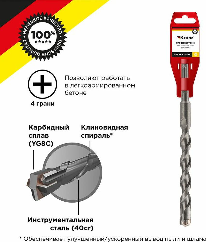 Kranz KR-91-0835 Бур по бетону 14x210x150мм, крестовая пластина, SDS PLUS KRANZ