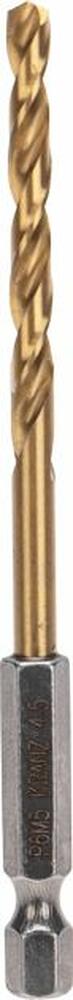 Kranz KR-91-5505 Сверло по металлу, 4,5мм, Р6М5, ТИТАН, шестигранный хвостовик (1 шт. в упаковке) DIN 338 KRANZ