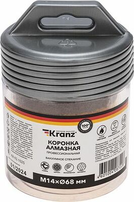 Kranz KR-92-1025 Коронка алмазная профессиональная по керамограниту и железобетону М14, вакуумное спекание, 68мм, для УШМ KRANZ
