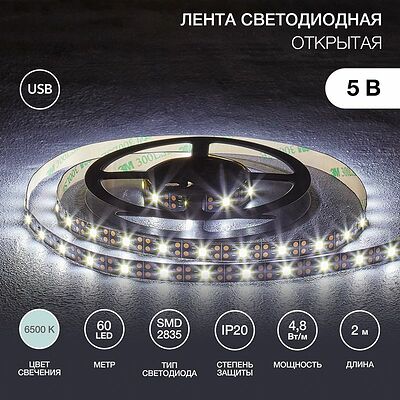 LAMPER 141-2001 Лента светодиодная 5В, SMD2835, 4,8Вт/м, 60 LED/м, 6500K, 8мм, 2м, с USB коннектором, черная, IP20 LAMPER