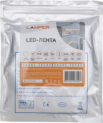 LAMPER 141-2021 Лента светодиодная 12В, SMD5050, 14,4Вт/м, 60 LED/м, 6500К, 10мм, 3м, для БП с клеммами, IP20 LAMPER