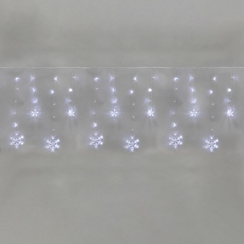 NEON-NIGHT 255-075 Гирлянда Бахрома со снежинками 2,4х0,9м, 150LED БЕЛЫЙ, прозрачный ПВХ, IP20, свечение с динамикой, 230В, не соединяется, с контроллером 8 режимов