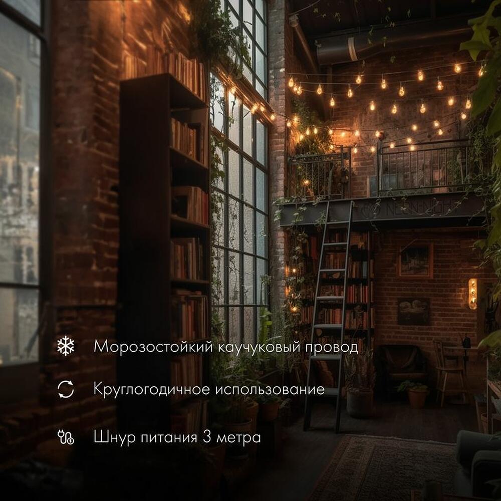 NEON-NIGHT 331-355 Уличная гирлянда Лофт 10м, черный каучук, 20 прозрачных ламп, теплый белый, влагостойкая IP65