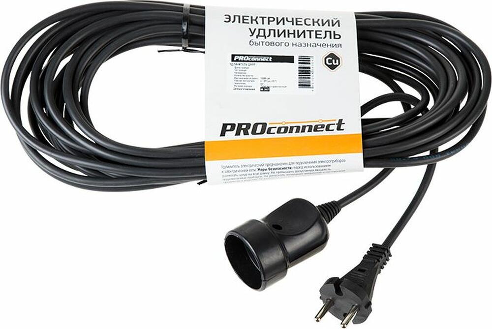 PROconnect 11-7114 Удлинитель-шнур ПВС 2х0,75, 10м, б/з, 6А, 1300Вт, IP20, черный (Сделано в России) PROconnect
