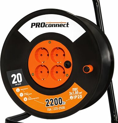 PROconnect 11-7604 Удлинитель силовой на катушке 4 гнезда с/з 20м 3х1мм² PROconnect